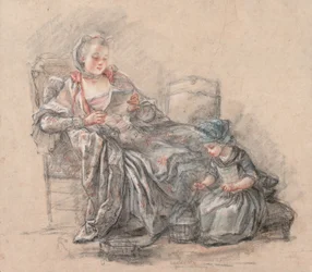 Femme lisant et une fille jouant (présumée la marquise de Pompadour avec sa fille Alexandrine), 1748